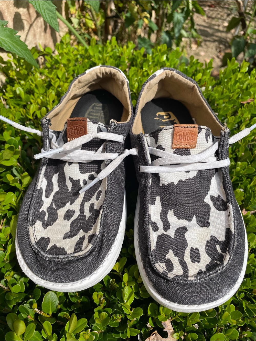 Hey Dude Kids Printed Canvas Slip-On Sneakers in Black and White Cow print